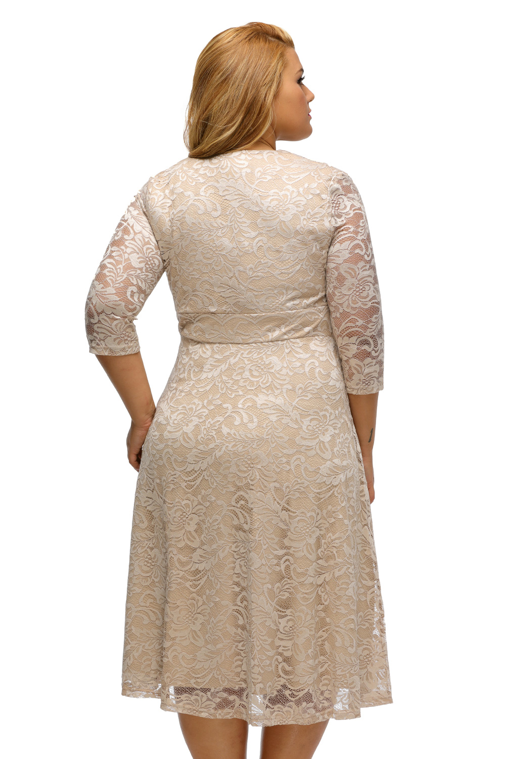 BY61442-18 Apricot Plus Size Surplice Lace Formal Skater Dress